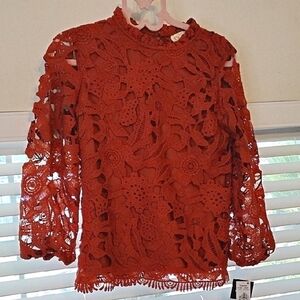 52 seven Woman's Dark Copper Lined Lace Long Sleeve Blouse, Size: XS, NWT